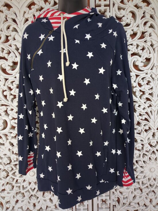 Vanilla Bay Tops - Stars and Stripes Double Hooded Long Sleeve Sweat Shirt